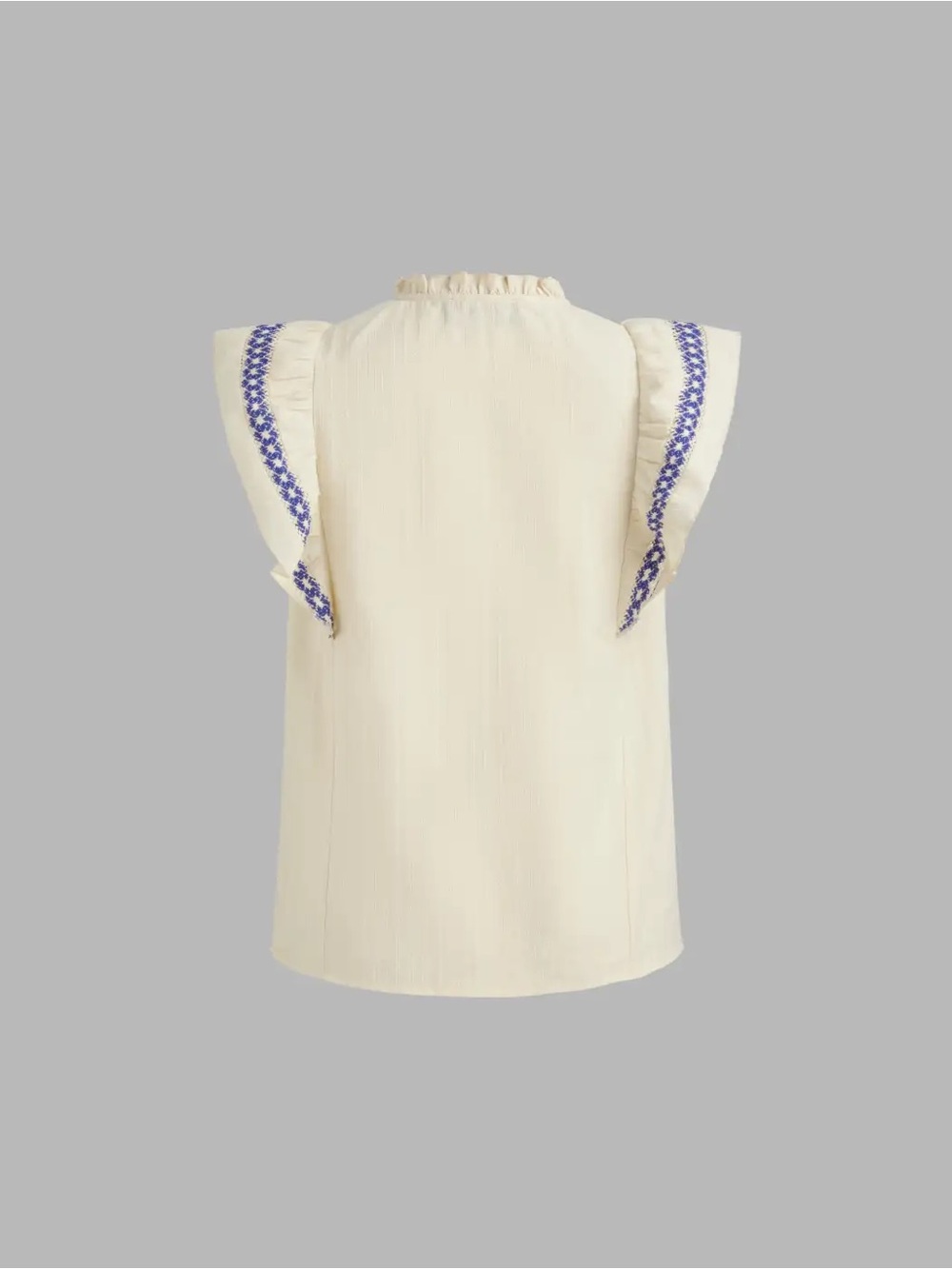 Cider Cotton Stand Collar Crochet Contrasting Binding Short Sleeve Blouse - Picture 5 of 12